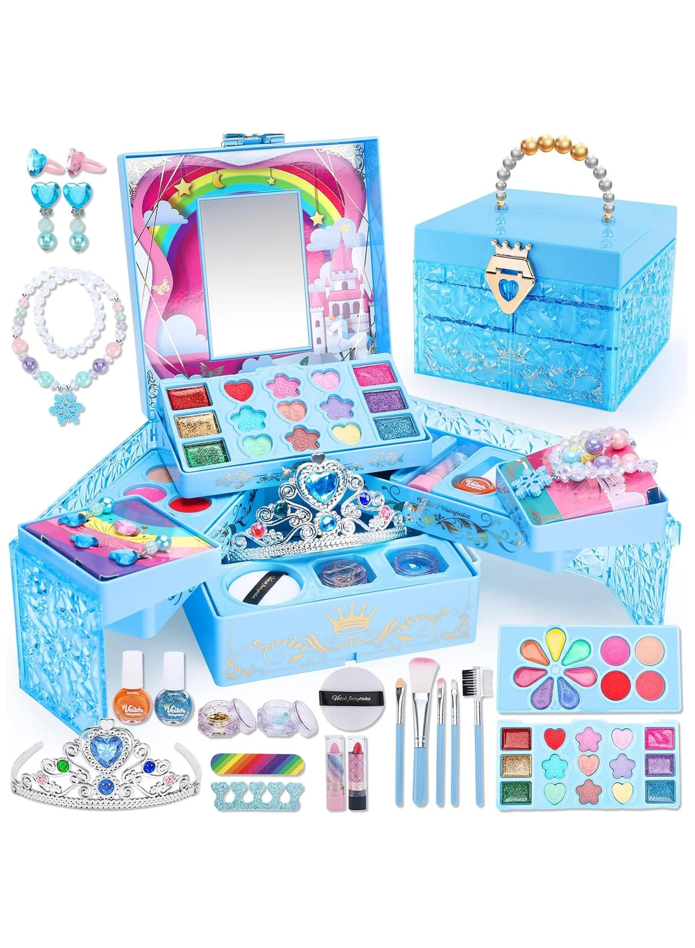 Harvestoy Washable Makeup Kit for Kids, 24-Piece Pretend Play Cosmetic Set for Girls (Blue, 24 Pcs) uamx1