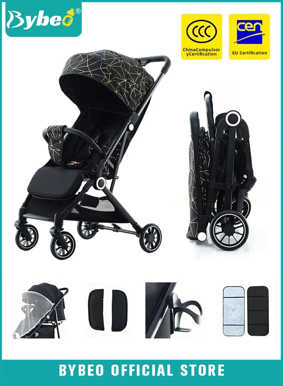 Bybeo Lightweight Baby Stroller One-Hand Folding Travel Cabin with Sunshade and Cooling Mat (0-4 Years, Adjustable Seat) zusq4