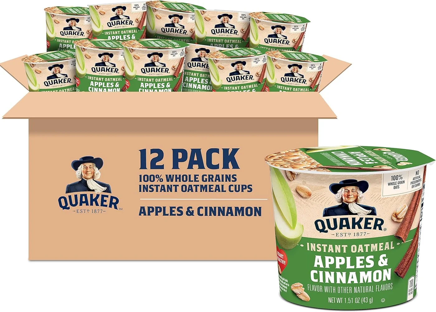 Quaker Instant Oatmeal Cups Apples & Cinnamon (12 Pack, 61g Each) nc4tv