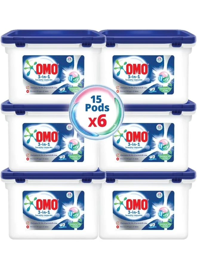 OMO 3-in-1 Laundry Capsules Eucalyptus Scented Deep Cleaning Detergent (15 Capsules, Pack of 6) gqymq