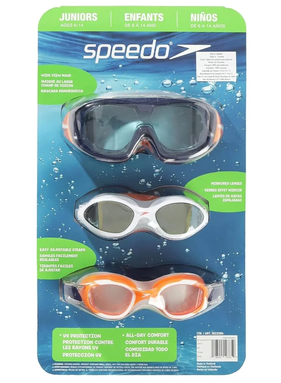 Premium Adult Swimming Goggles Set (3-Pack, Wide View, Mirrored, Comfort Lens, Multicolor) xim2z