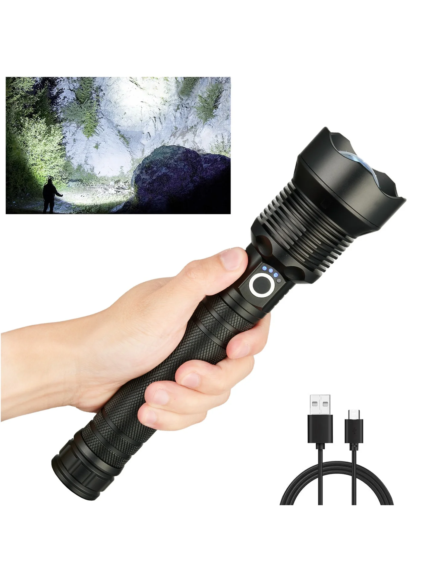 Hilimse Rechargeable LED Flashlight 5000 Lumens High-Intensity Waterproof Handheld Torch for Outdoor Camping and Emergencies (Aluminum, 1 Piece) 5bas4