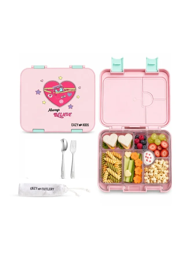 Eazy Kids Convertible Bento Lunch Box with Stainless Steel Spoon and Fork Set (Pink, 6-Compartment) ul6ef