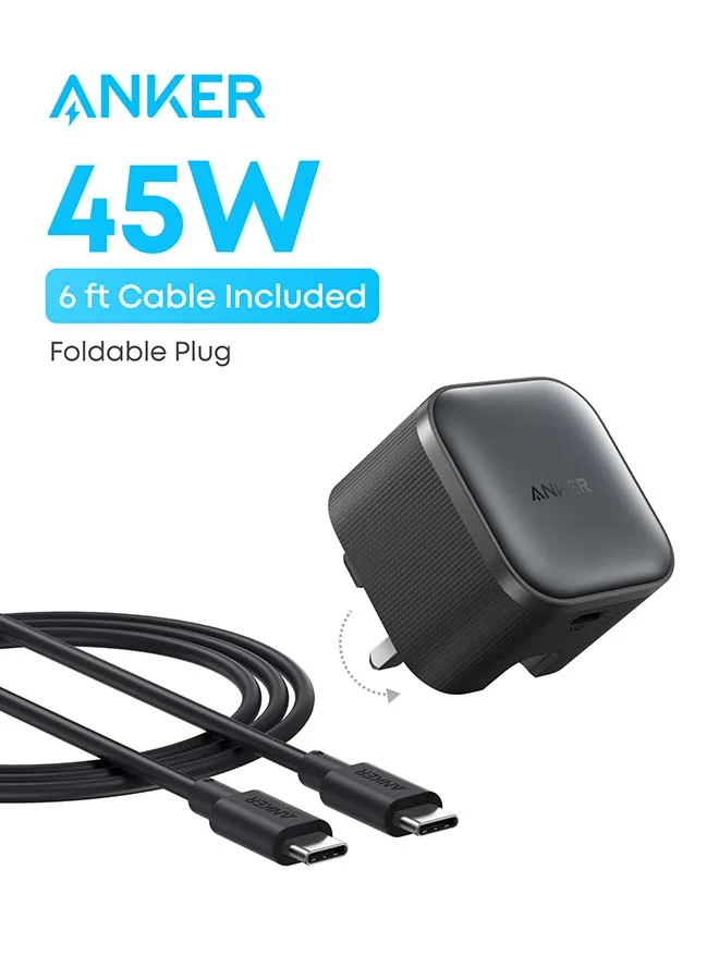 High-Speed 45W USB-C Fast Charger Adapter, Compact Foldable Wall Block for Smartphones and Laptops (Black, 1.8m Cable Included) ktk6z