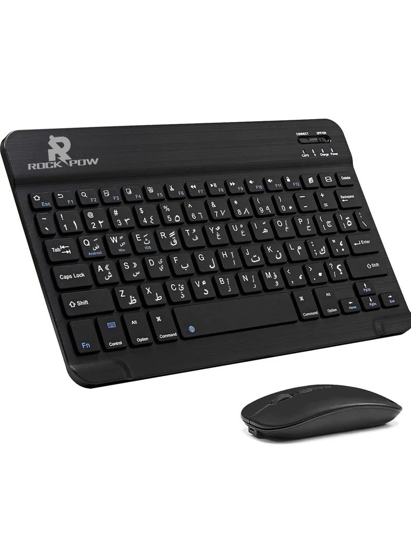 Rock Pow Ultra-Slim Bluetooth Arabic Keyboard and Mouse Combo Rechargeable Wireless Set for Tablet and Smartphone (Black) obvj6