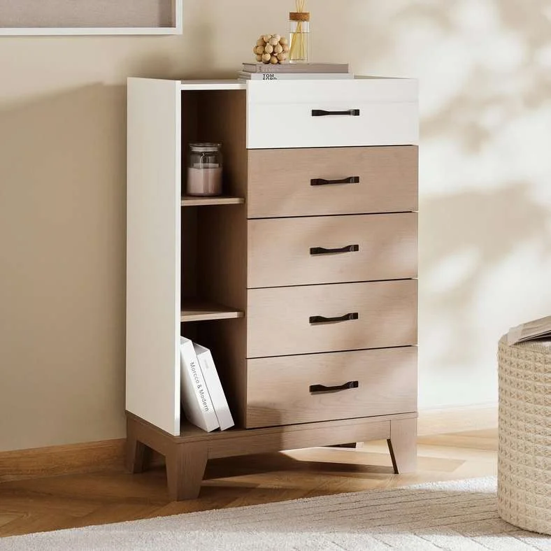 Pan Home Macrina 5-Drawer Chest Storage Cabinet (White & Walnut, 120 cm Height) l34th