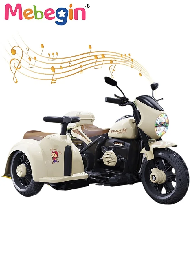 MEBEGIN Electric Ride-On Motorcycle with Sidecar and Storage, 3-Wheel Motorbike for Kids with Lights and Music (2-Seater) 20v8d