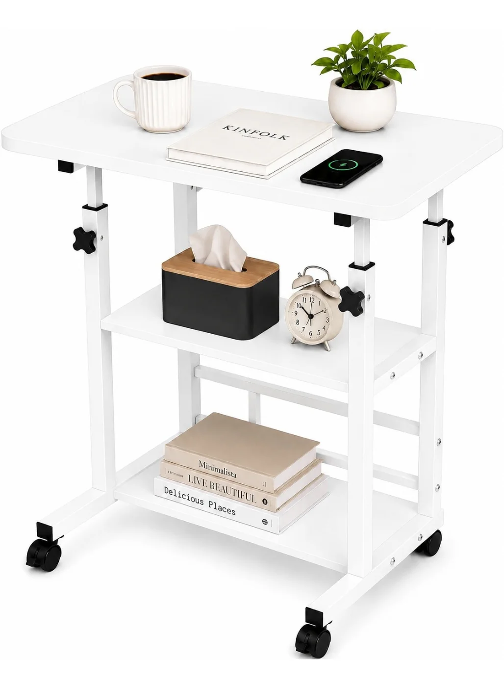 Toshionics Height-Adjustable Laptop Desk with Storage Shelves, Mobile Standing Computer Table on Wheels for Home Office (White) ysha3