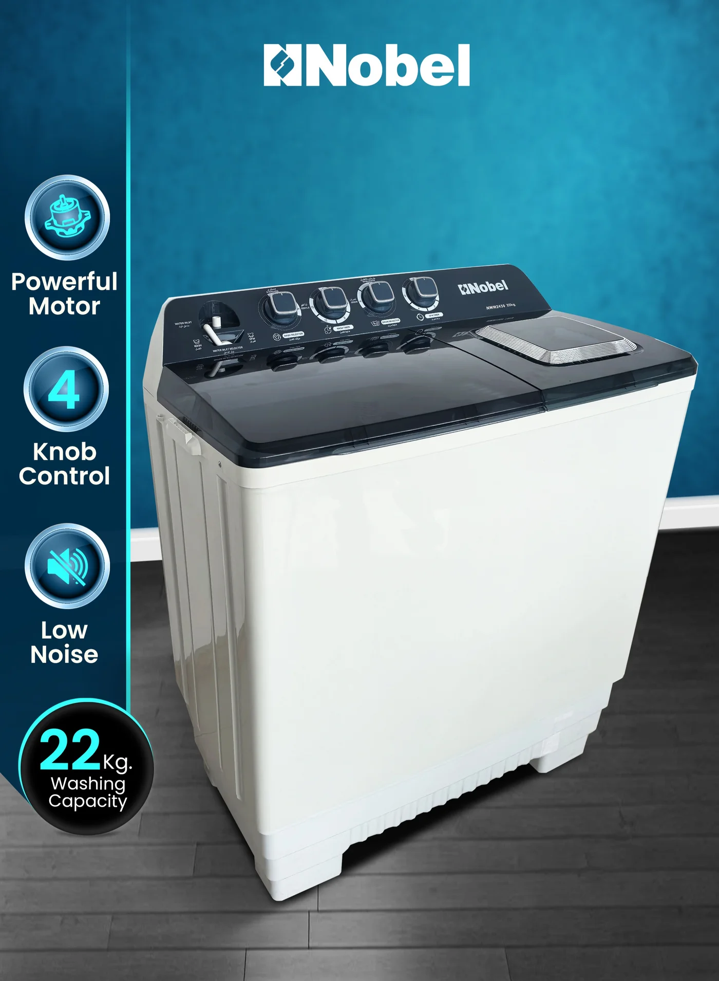 NOBEL Twin Tub Washing Machine 22kg Capacity with 10kg Spin Dryer and Rust-Free Body (White, 22kg) 6hts9