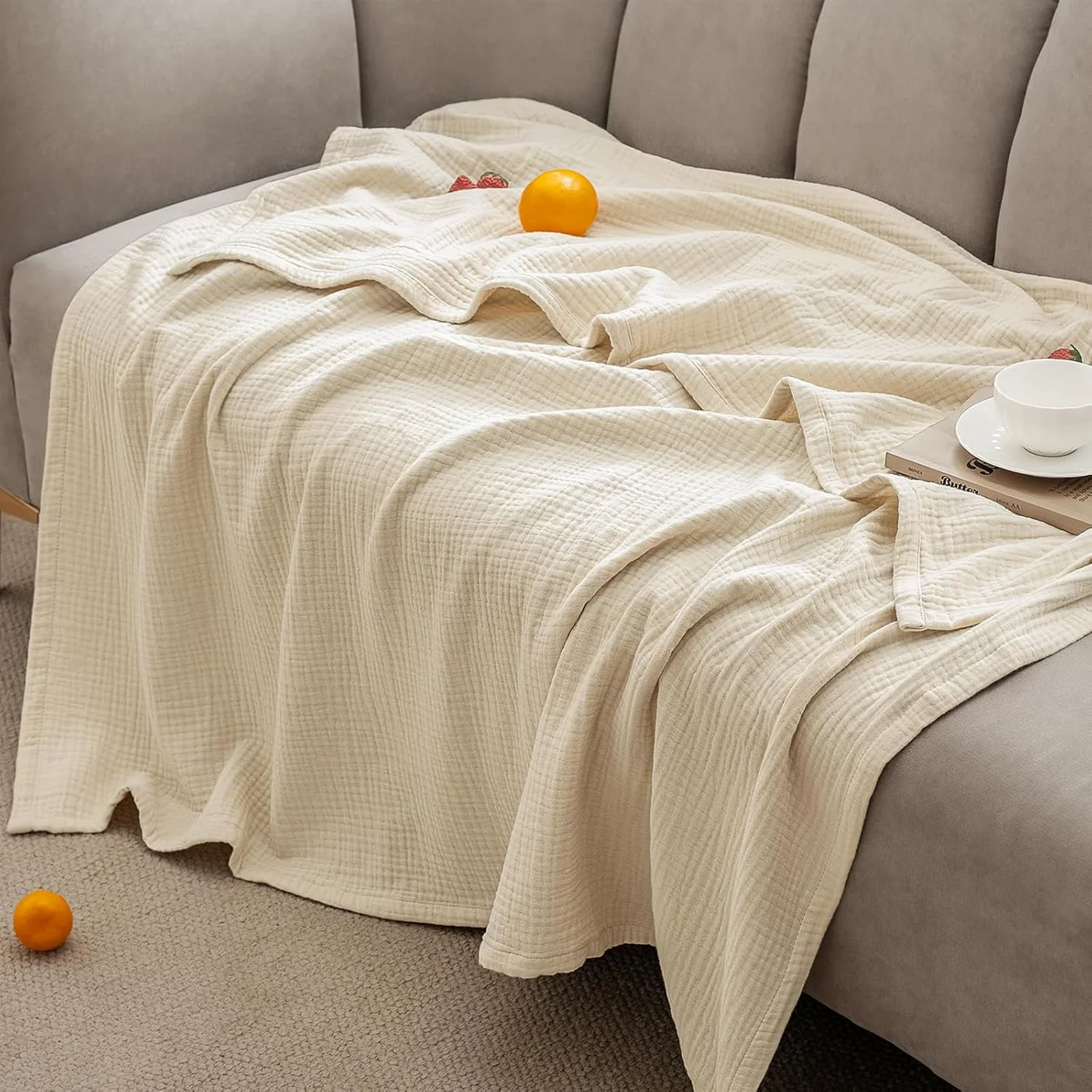 PHF Cotton Muslin Blanket 4-Layer Breathable Bedding (Beige, 165cm x 230cm) gc179