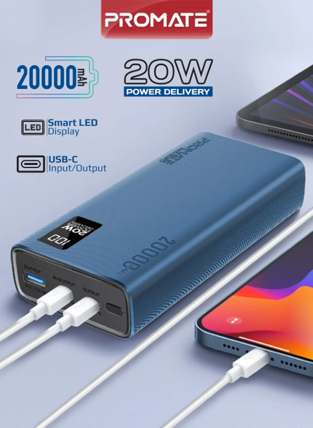 PROMATE Bolt-20PD Portable Power Bank 20000mAh 20W PD Fast Charging with Smart LED Display and 3 USB Ports (Blue, 20000mAh) 5gxdo