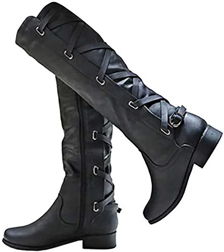 Coutgo Women Knee High Combat Boots Lace Up Motorcycle Riding Shoes (Black, 38 EU) 5b492