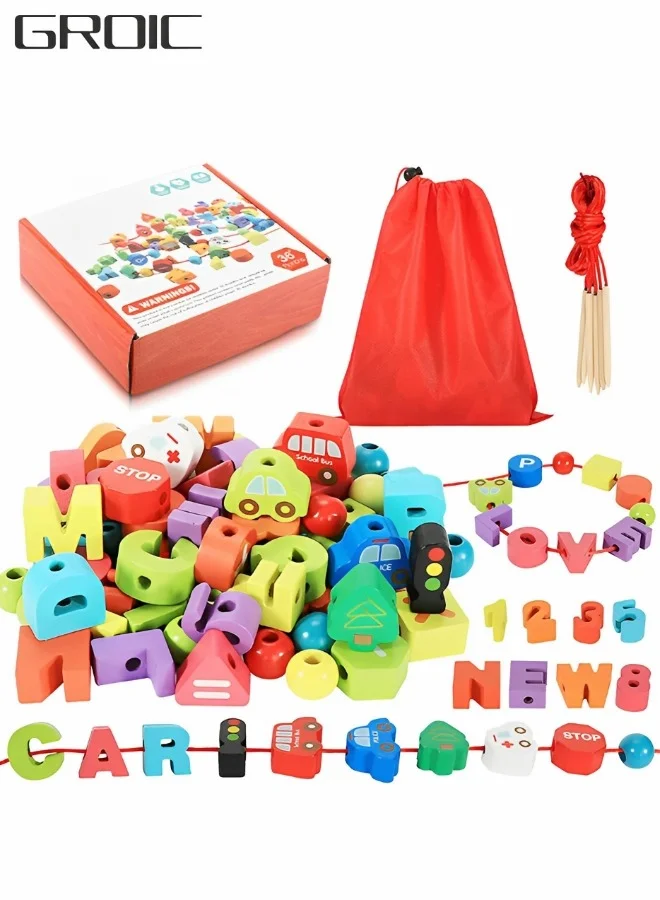 GROIC Montessori Educational Threading Toy Set, Wooden Traffic Numeral and Letter Beads for Fine Motor Skills Development (75 Pieces) 6siw5