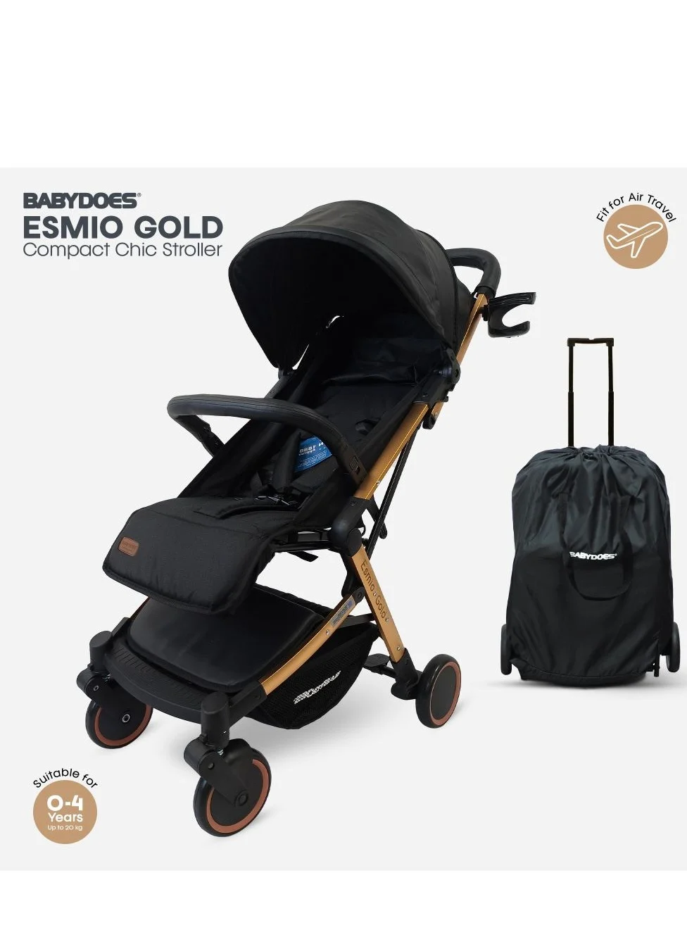Premium Travel Lite Baby Stroller with Golden Frame, 5-Point Harness, Single Hand Fold, 360¡ã Rotating Wheels, Includes Carry Bag (Black, 20 kg Capacity) m7rip