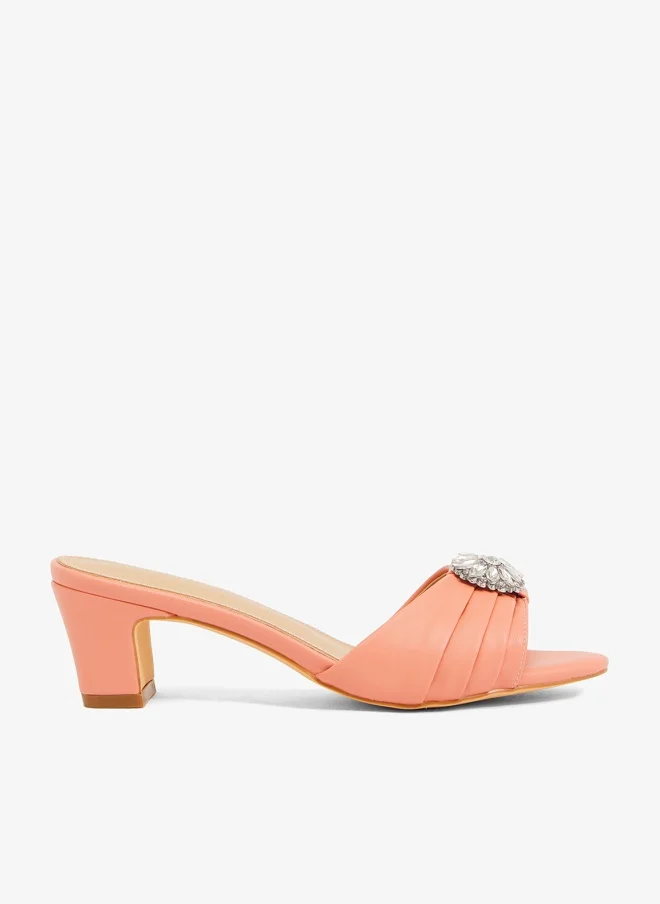 Khizana Peach Suede Gathered Sandals with Block Heel and Encrusted Buckle (Women's, Size 38) 09tyo