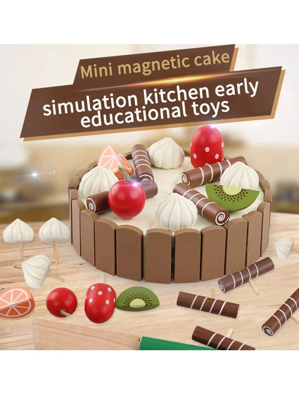 SYOSI Wooden Birthday Cake Toy Magnetic Pretend Play Food Set with Cutting Knife and Fruit Toppings (Multicolor, 1 Set) woccq