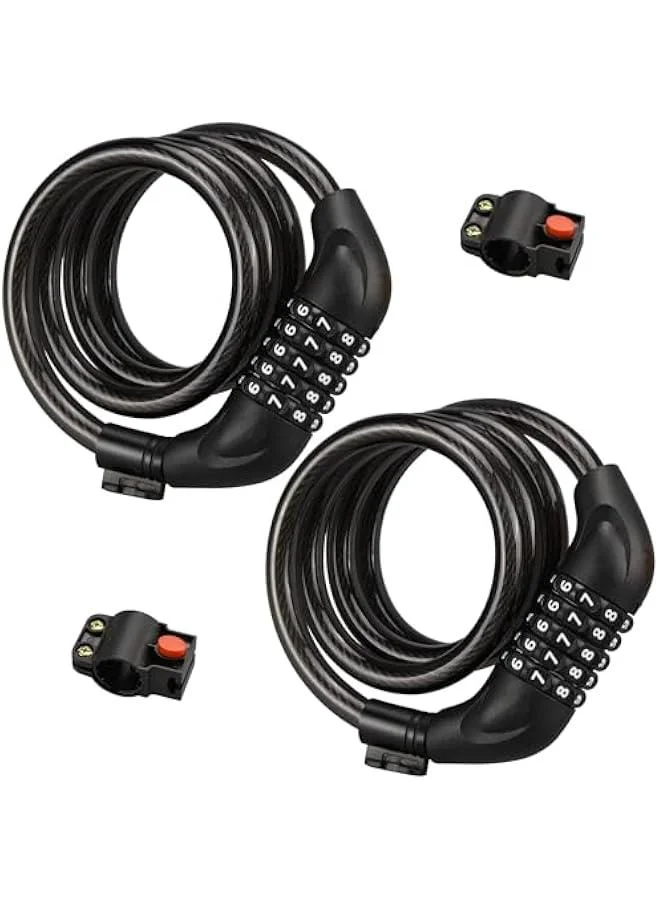 HOOKOR Bicycle Cable Lock 5-Digit Resettable Combination Security Lock with Mounting Bracket (Black, 1.2m, 2 Pack) i1lyo