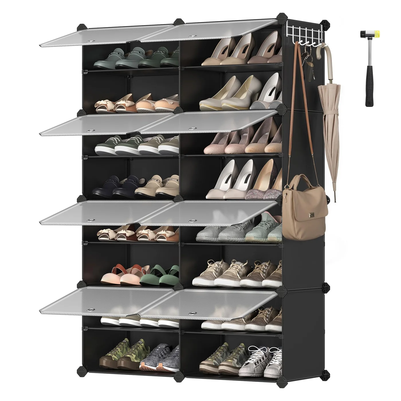 Modular Shoe Storage Cabinet 8-Slot Interlocking Organizer with Doors and Steel Frame (Black, 30 x 40 x 30 cm) i2h83