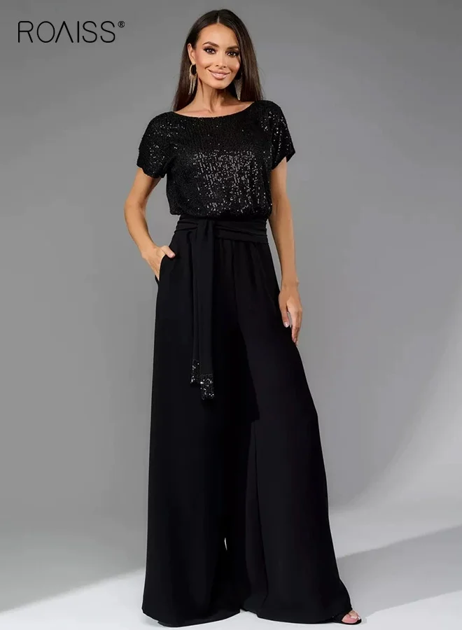 Roaiss Women Stylish Sequin Jumpsuit Wide Leg Romper with Pockets (Short Sleeve, Elegant One Piece Outfit for Ladies) qt15p