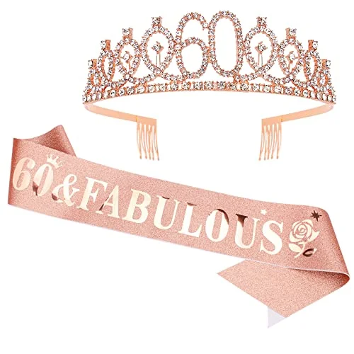 60th Birthday Sash and Tiara Set for Women Rose Gold Crown and Fabulous Sash Accessory (One Size) s7kq6