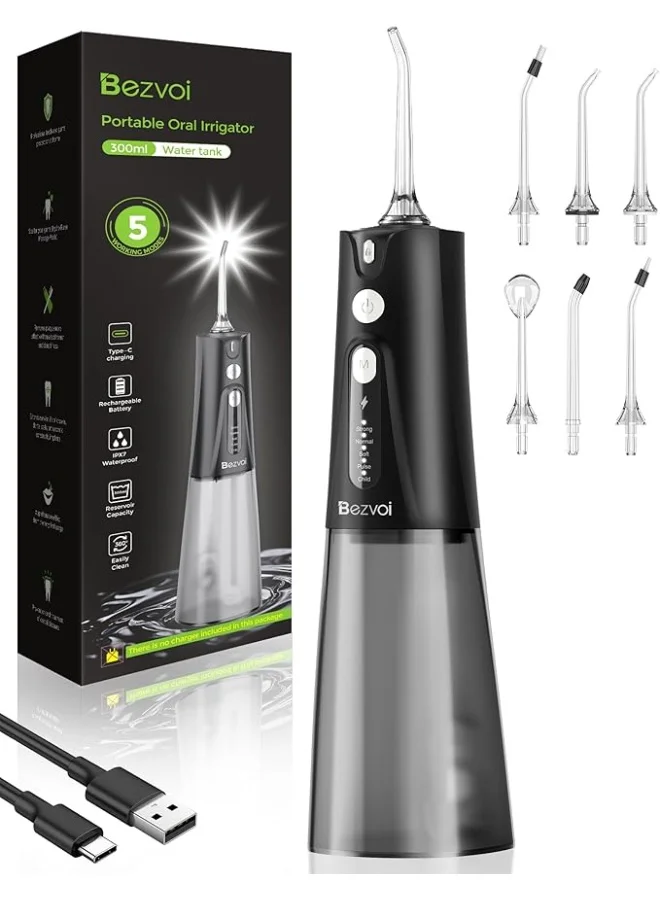 Bezvoi Cordless Water Dental Flosser with 5 Cleaning Modes and 6 Jet Tips (Black, 300 mL) ol3hv