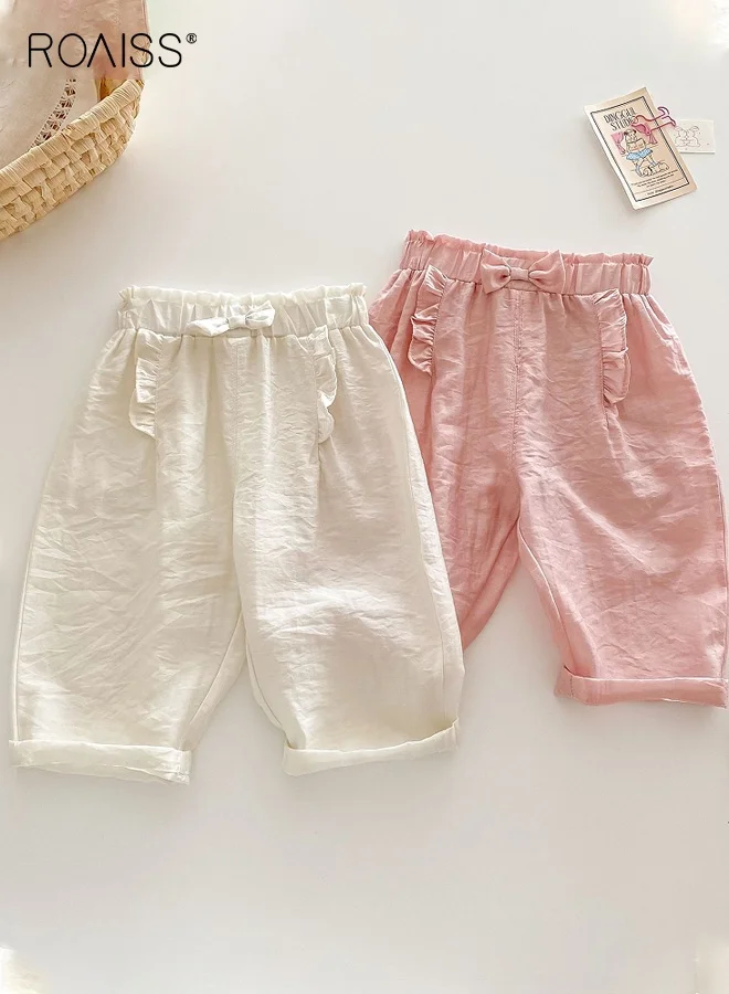 Roaiss Girls Wide Leg Pants Set, Elastic Waist Summer Trousers with Bowknot Detail (2 Pack, Kids) 9tndm