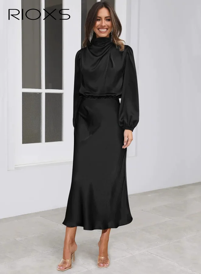 RIOXS Women's Long Sleeve Mock Neck Satin Maxi Dress, Elegant High Waist Formal Gown for Evening Party and Business Casual (Black, One Size) hn2ex