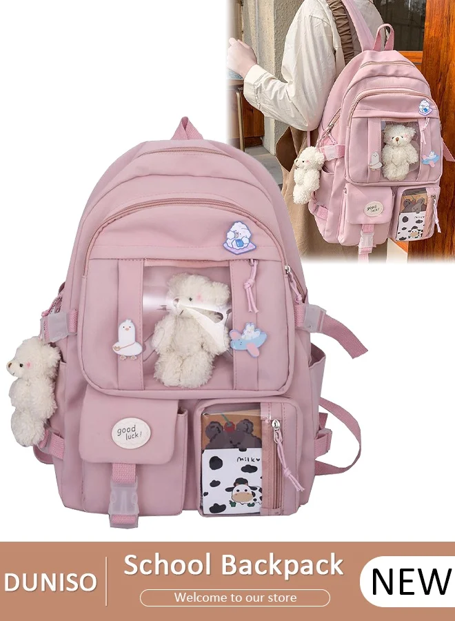 DUNISO School Backpack Set with Pencil Case and Doll Pendant Waterproof Fabric Book Bag for Kids (Large Capacity) 9tbj0