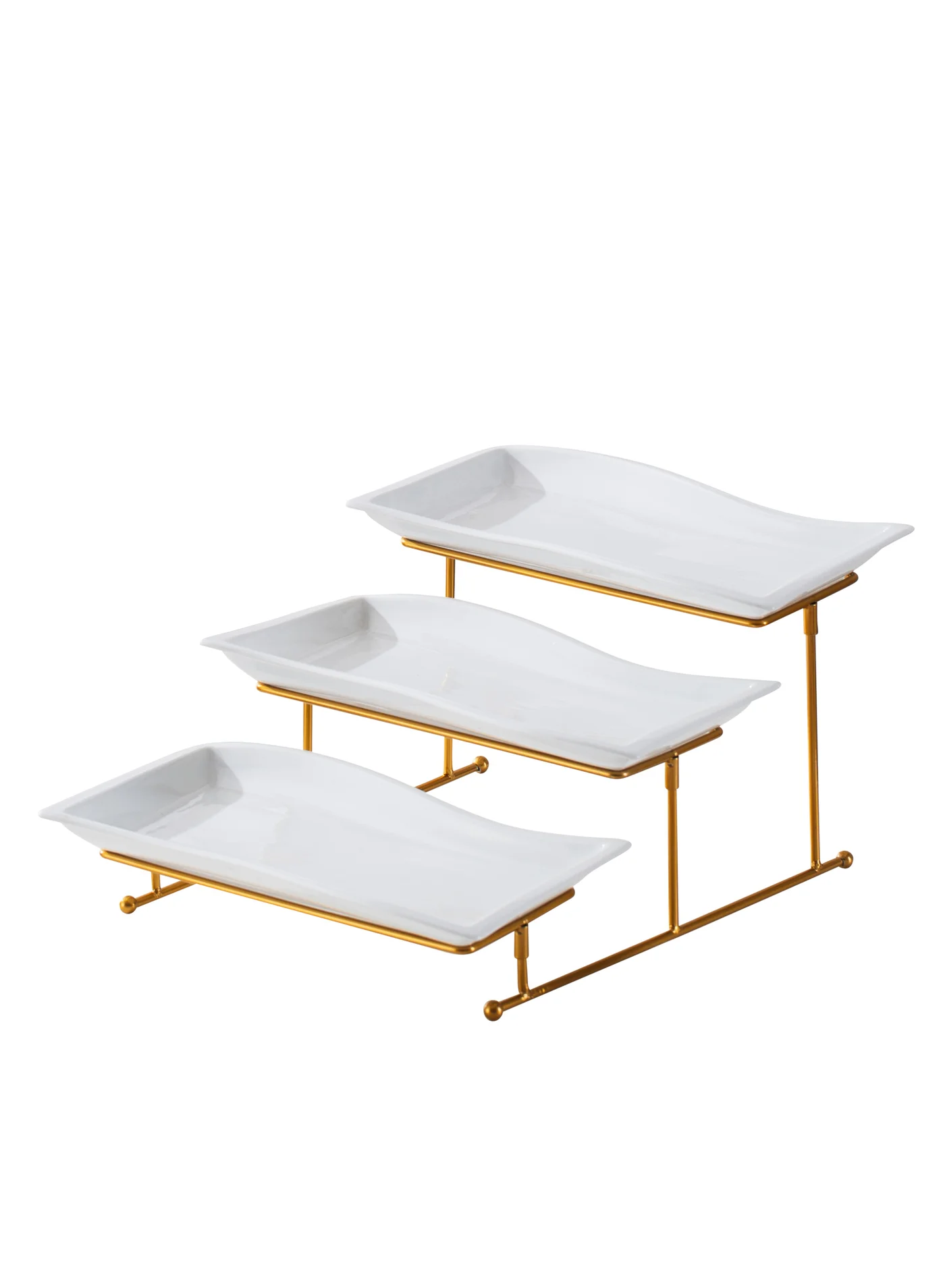 Elegant 3-Tier Rectangular Porcelain Serving Stand with Gold Frame (White, 33cm) mknn5