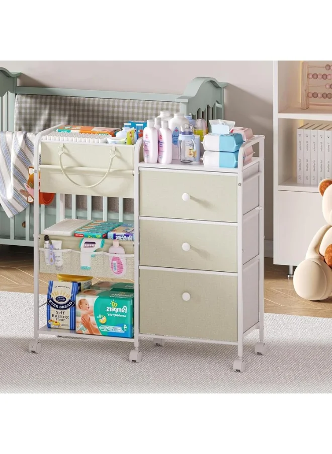 Forthcan 3-Tier Nursery Organizer Cart with Wheels, Premium Carbon Steel Storage Trolley with Drawers and Side Bag (White, 82x29x85 cm) uzpyy