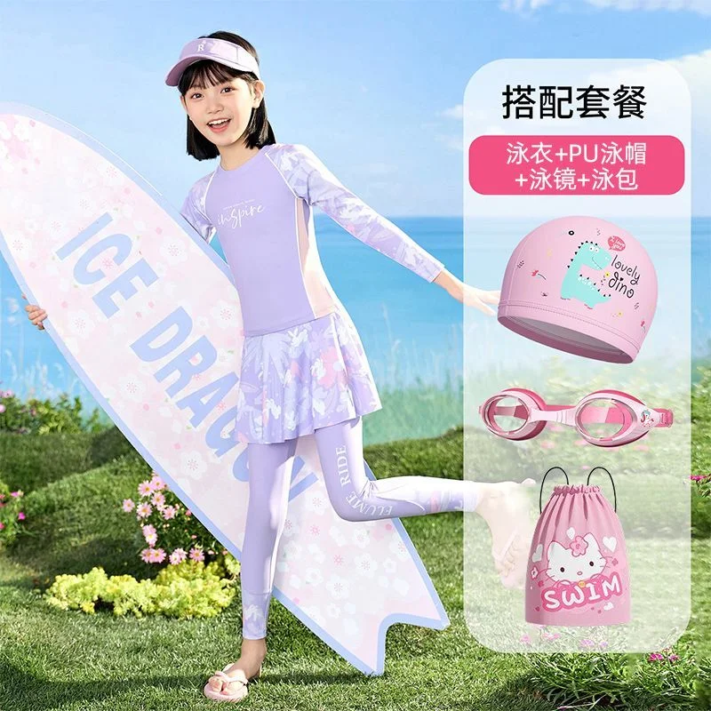 YouYou Girls Long Sleeve Swimwear Set Premium Quick-Dry Three-Piece Swimsuit (Kids, Multi-Color) yu9mw