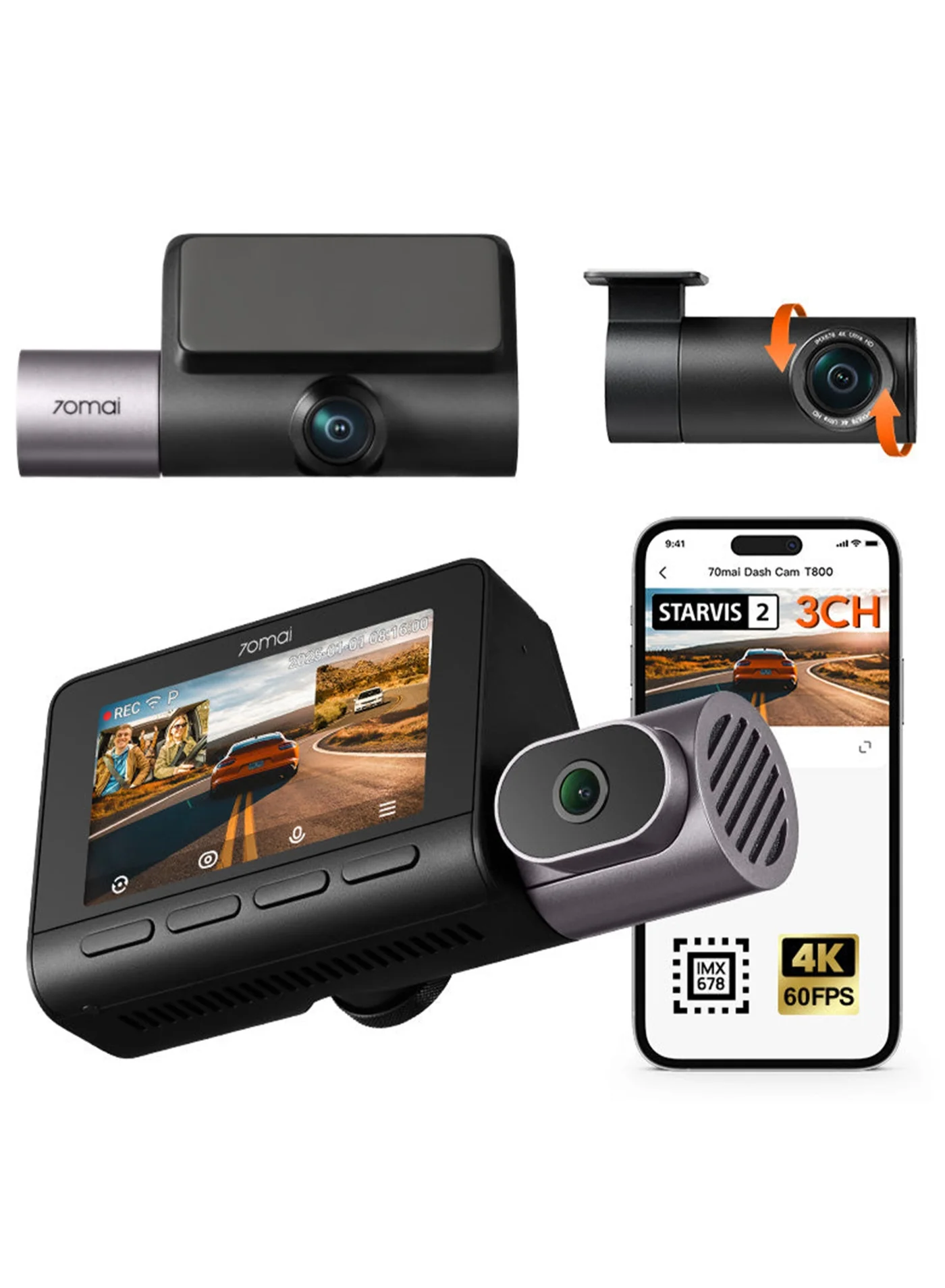 Premium 3-Channel 4K Dash Cam System with Front Rear and Interior Recording (512GB SD Card Included, WiFi 6, 4G LTE Support) 9osbi