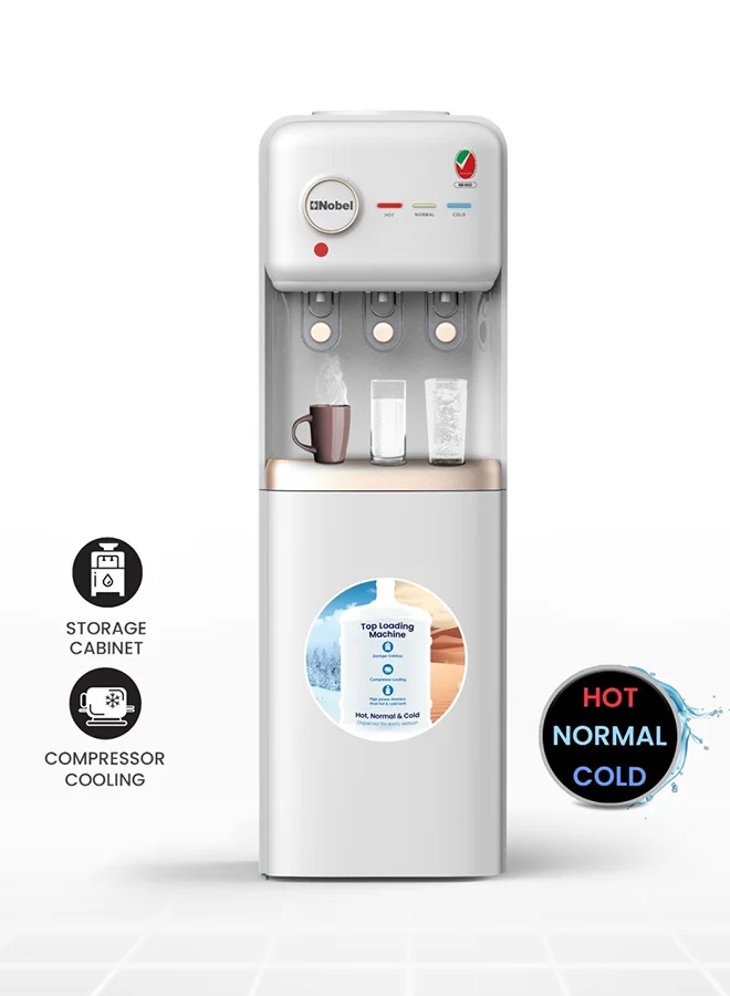 Nobel Freestanding Water Dispenser with 3 Taps Hot Normal Cold Compressor Cooling and Storage Cabinet (White) fpok7