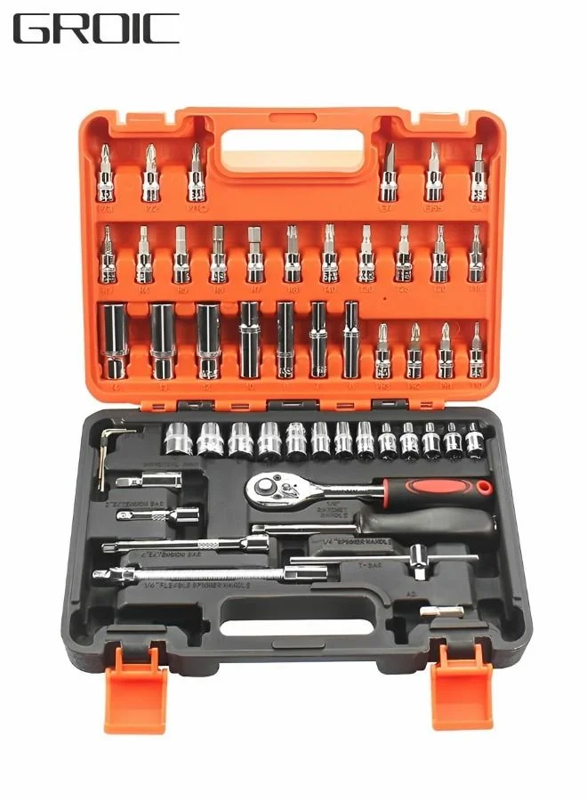 GROIC 53-Piece 1/4-Inch Drive Socket and Ratchet Wrench Set, Professional Automotive and Household Repair Tool Kit (53 Pieces) 09hcr