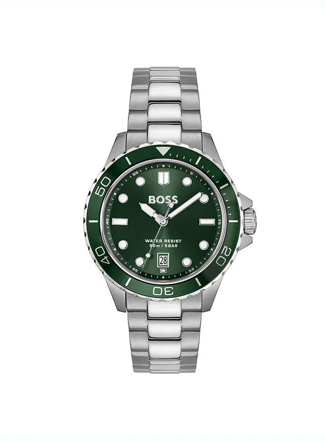 Premium Sport Quartz Watch for Men with Green Dial and Stainless Steel Bracelet (42mm) slznx