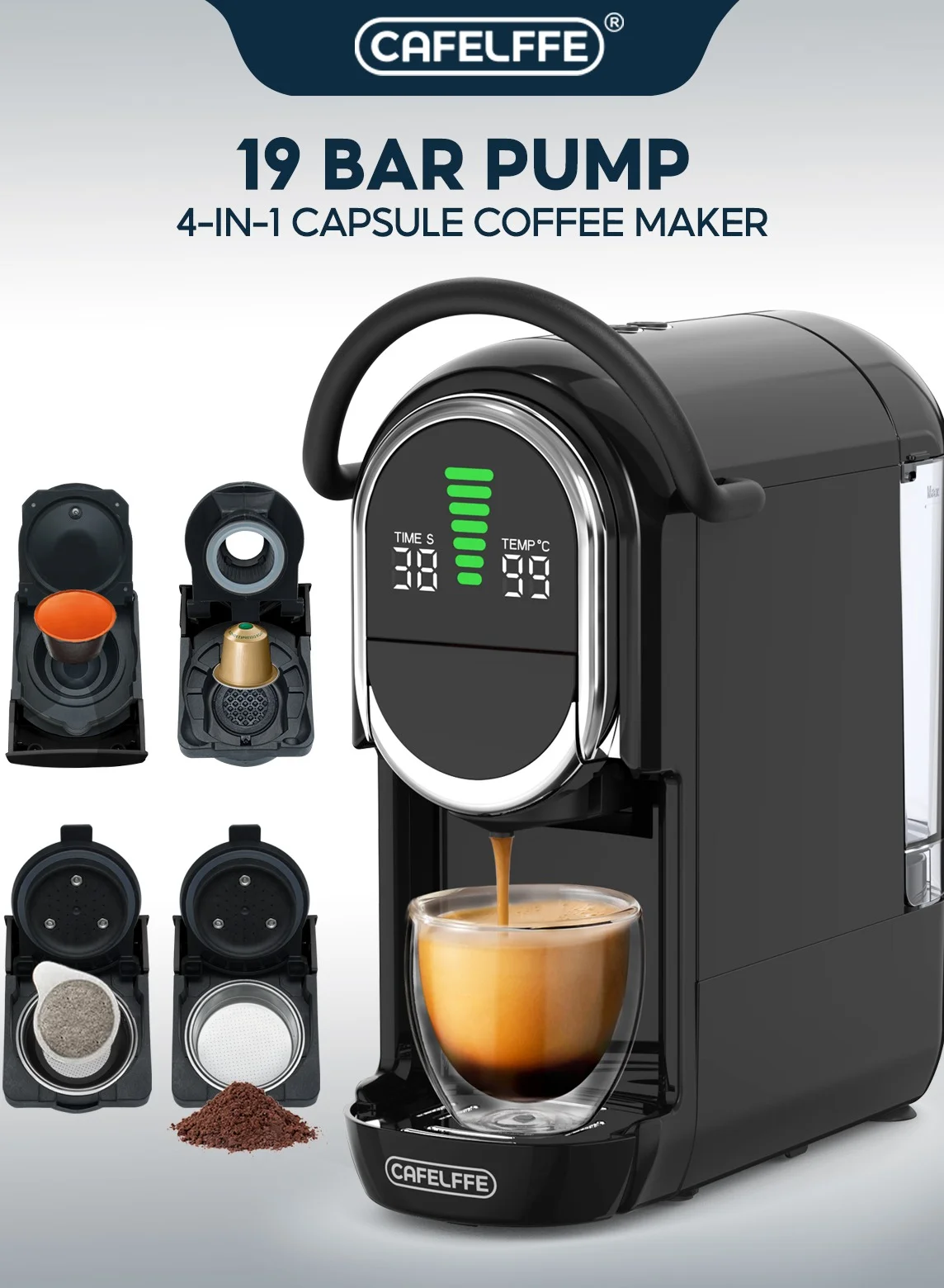 Cafelffe 4-In-1 Automatic Capsule Coffee Machine, Premium Espresso Maker with Temperature and Volume Control (Black, 1450W) jnvlw