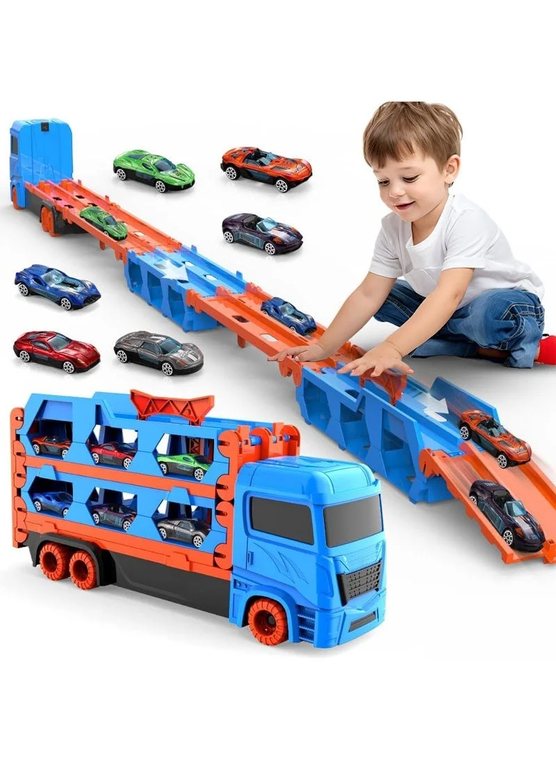 GZYIZHOU Transport Race Truck Playset with Foldable Dual Track and 6 Metal Cars (Blue, 164 cm) 9y5ad