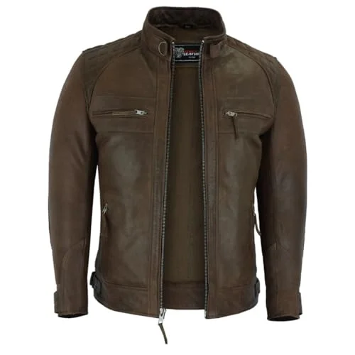 Premium Cafe Racer Motorcycle Leather Jacket Waxed Lambskin Genuine Leather (Chocolate Brown, L) kuuqf