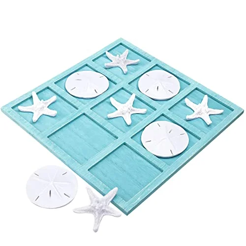 Beach House Decor Wooden Tic Tac Toe Game with Resin Seashell and Starfish Accents (Blue, 22 cm x 22 cm) dxasi