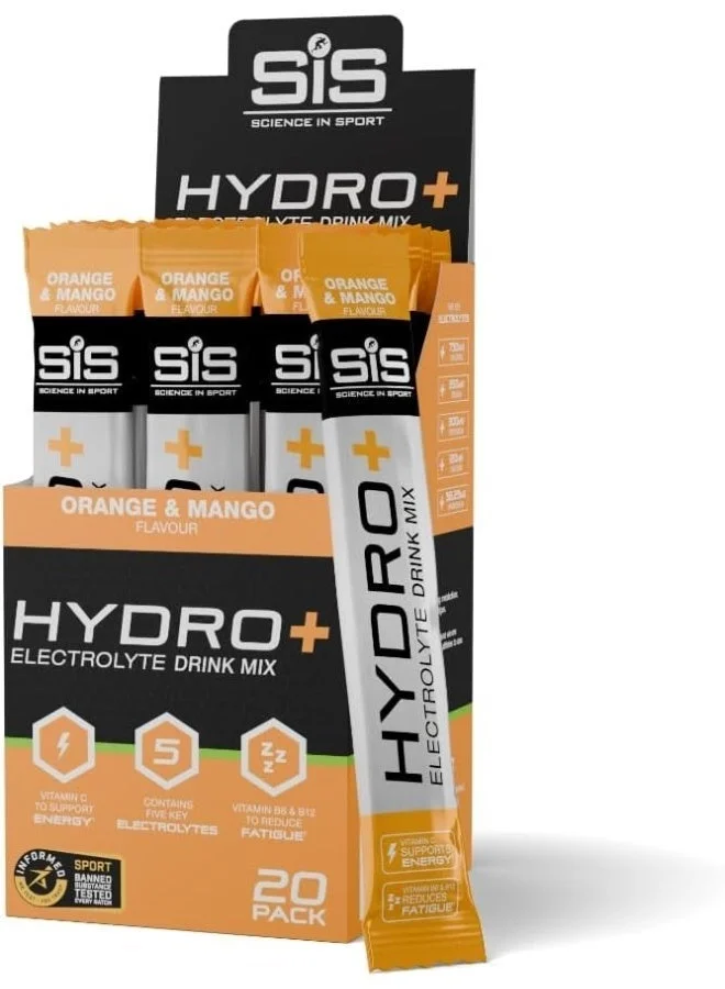 HYDRO+ Electrolyte Drink Mix with Vitamin C and B-Vitamins, Orange & Mango Flavor, Premium Sports Hydration Supplement (20 Pack) b7u1f