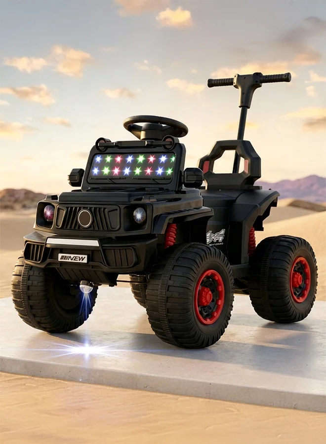 BAYBEE Electric Ride-on Jeep for Kids with Parental Push Handle and LED Lights (Black, 1 Unit) uvdrq
