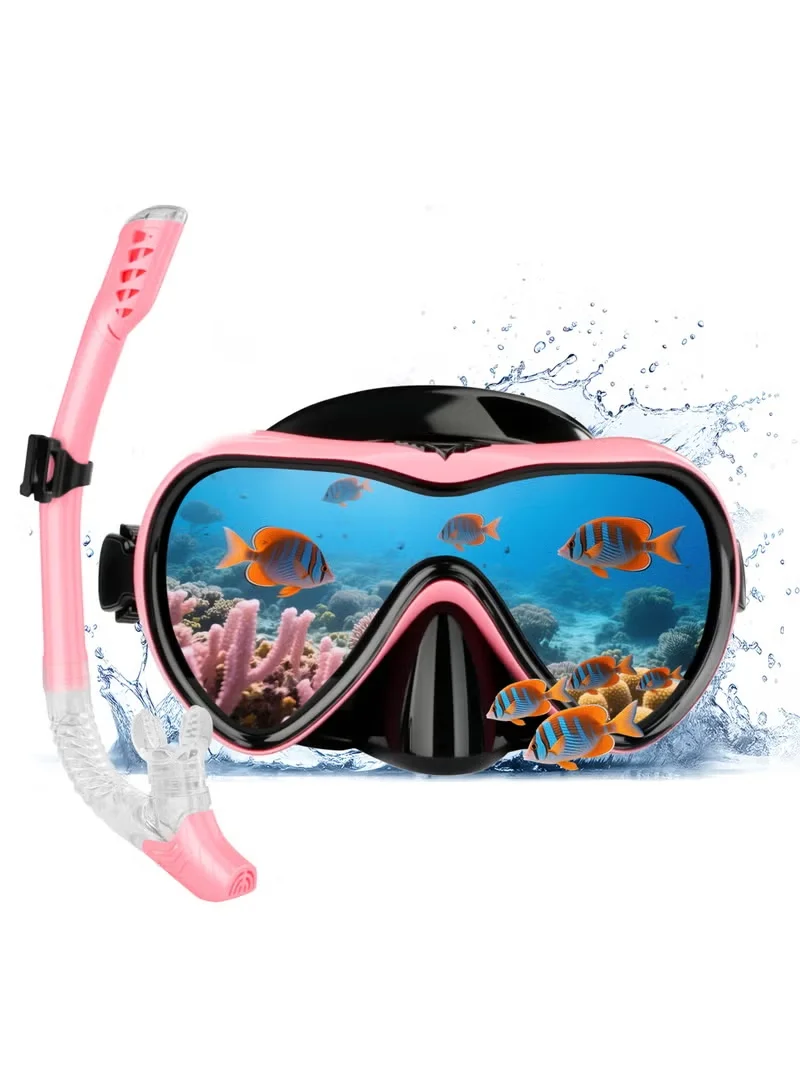 BESTPEAK Snorkeling Gear Set with 180 Degree Tempered Glass Anti-fog Mask and Dry Snorkel (Pink, Adult) 1ihb4