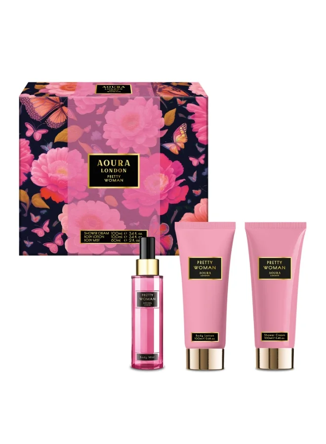 Aoura London Pretty Woman Fragrance and Body Care Gift Set (60mL Mist, 100mL Gel, 100mL Lotion) for Women kkhjp