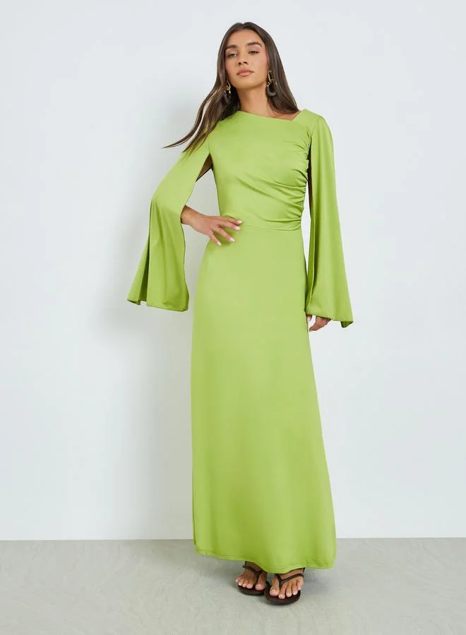 Styli Asymmetric Neck Maxi Dress with Cape Sleeves Elegant Evening Gown (Green, One Size) 945pq