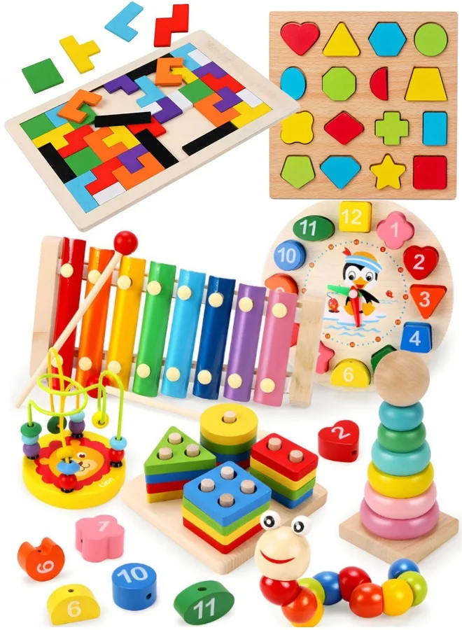 BUPY Montessori Wooden Educational Toy Set for Preschool Kids (8-Piece Set) scr7h