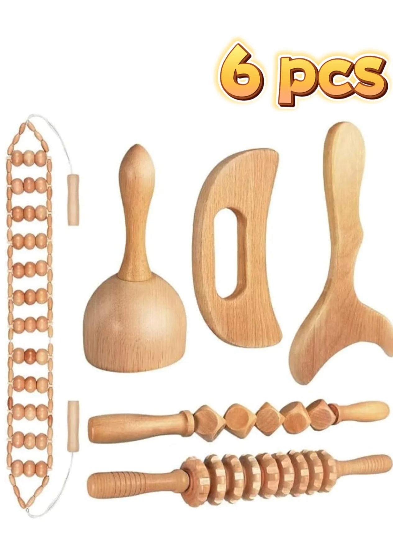 JoyousSto 6-in-1 Wood Therapy Massage Tool Set for Body Sculpting and Muscle Relaxation (Natural Wood, 6 Piece Set) b6dgn