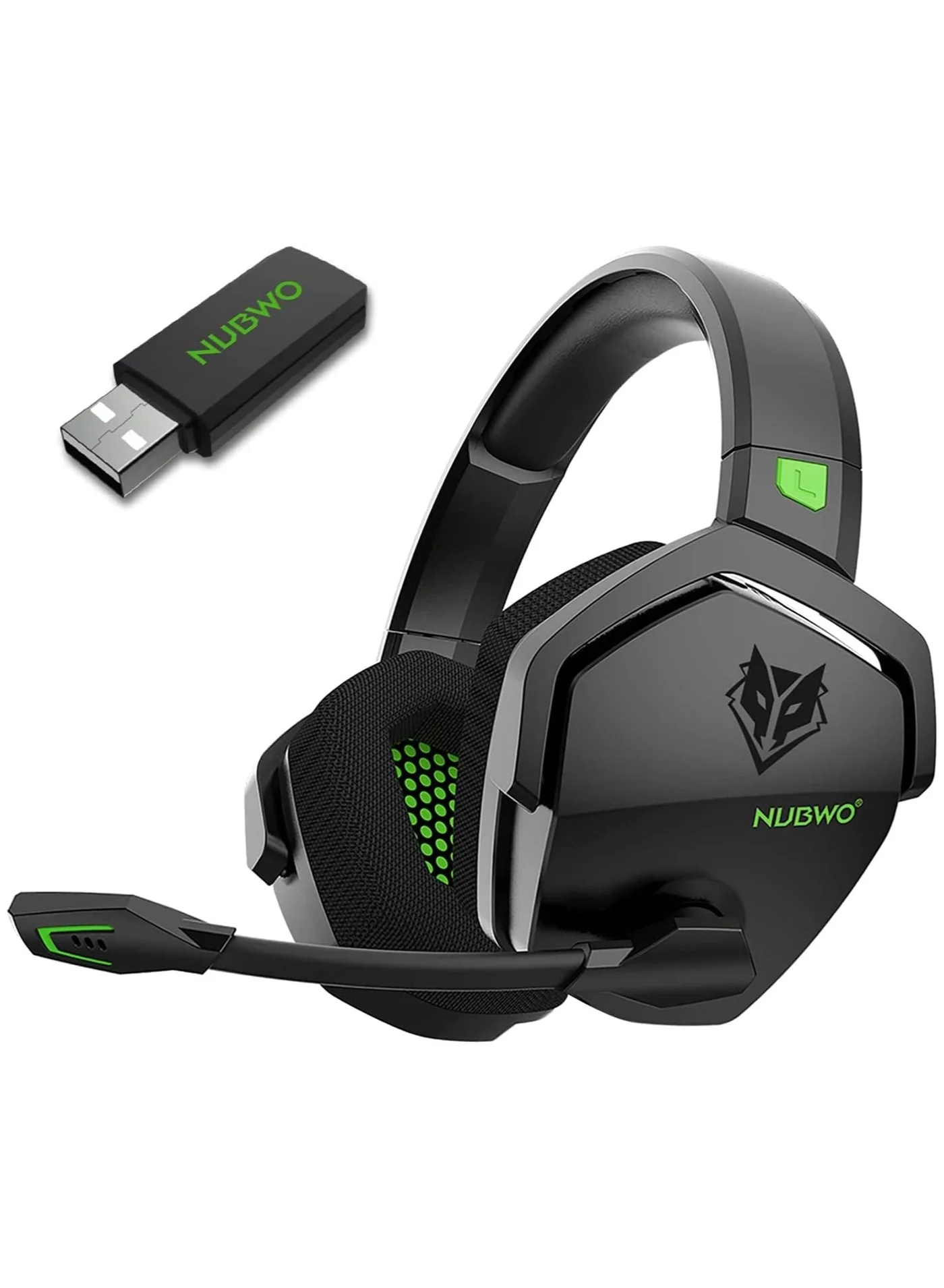 NUBWO G06 Wireless Gaming Headset Premium Over-Ear Headphones with Noise-Canceling Microphone for PC and Console (Black/Green) j43g9