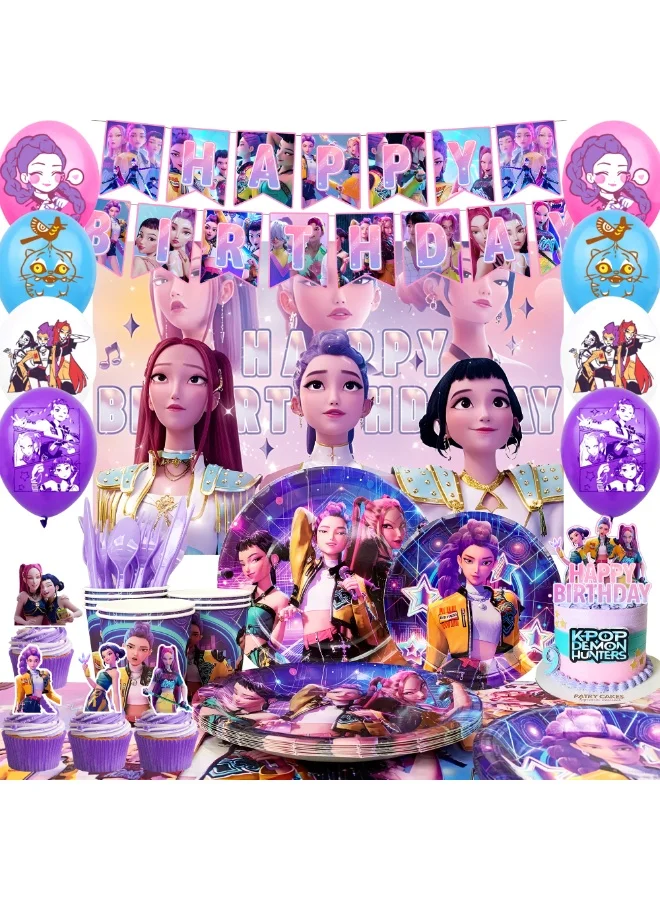 FRUITFUL PARTY Demon Hunter Theme Birthday Decoration Set for 10 Guests (112pcs Party Tableware and Backdrop Supplies) d5dml