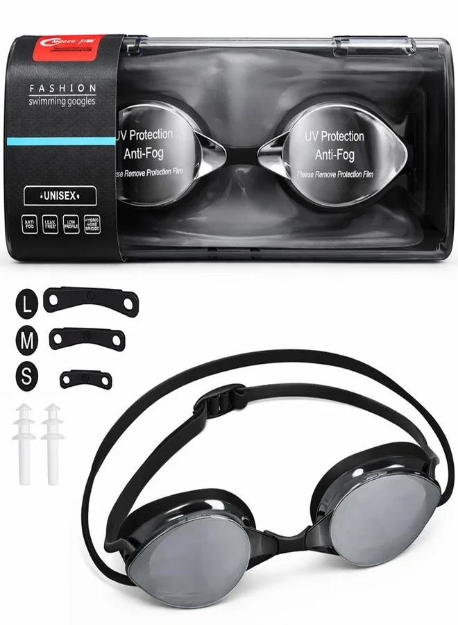 Lyrovo Professional Swimming Goggles with UV Protection and Anti-Fog Lenses (Black, Adult) xbgmp
