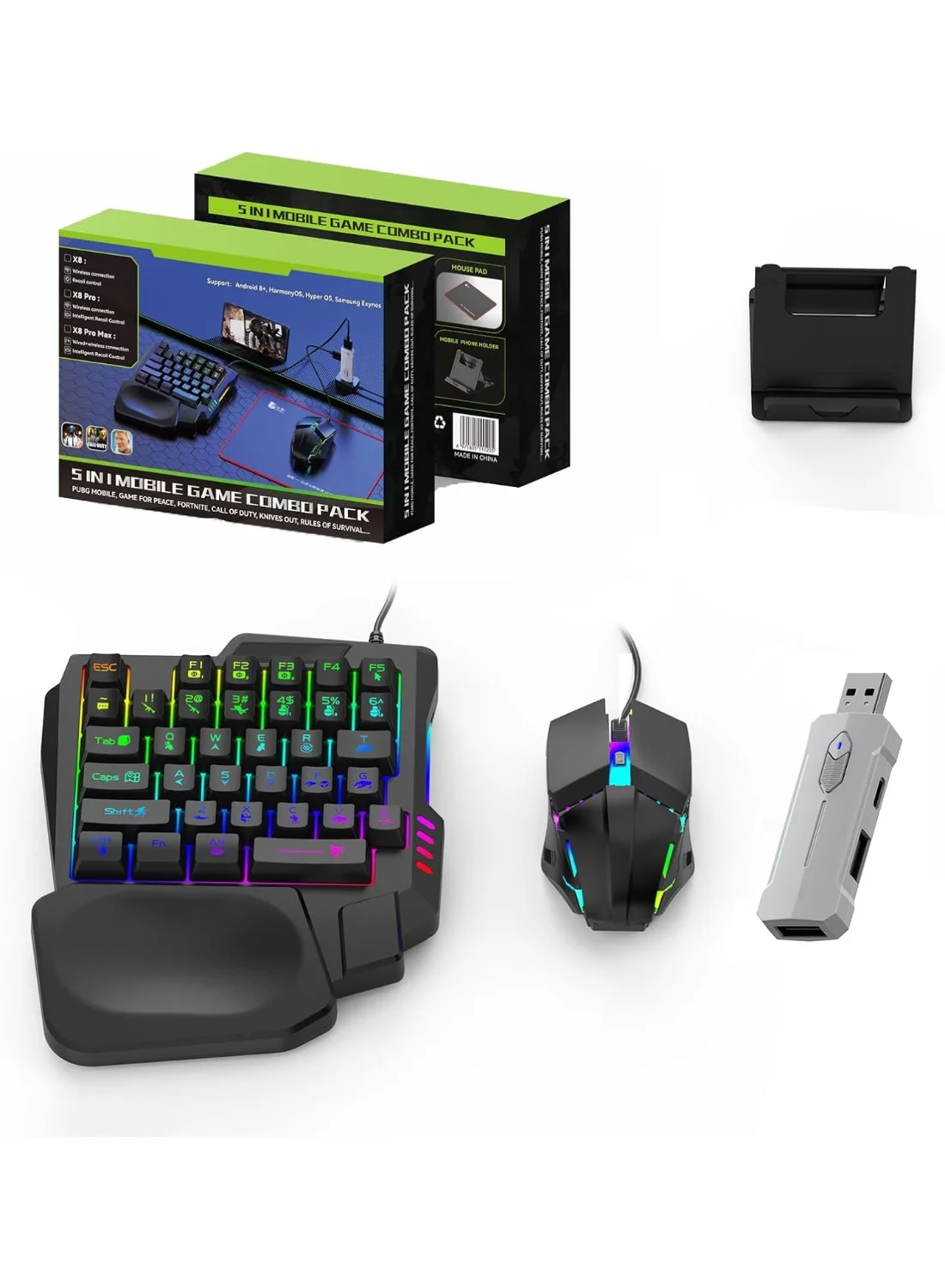 BORTONY 5-in-1 Gaming Keyboard Set with Converter Mouse Phone Stand and Pad (Professional PC and Mobile Setup) 46zeq
